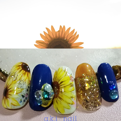 No585/ジェルネイルチップ☆付け爪~夏ネイル♡ひまわり×ネイビー