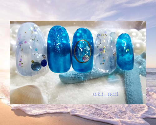 No586/ジェルネイルチップ☆付け爪~ブルー透け感☆夏ネイル ネイル