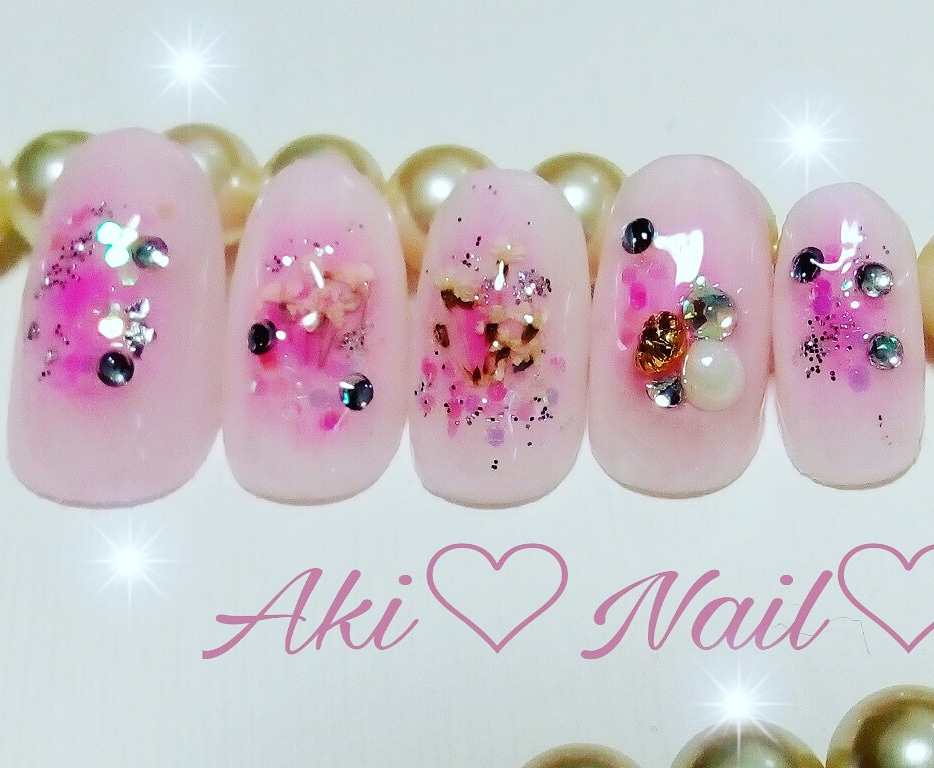 ジェルネイルチップ☆付け爪〜チークネイル〜ピンク〜押し花