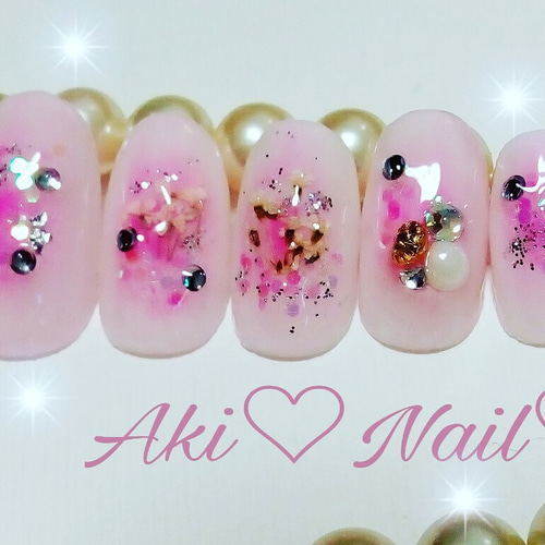 ジェルネイルチップ☆付け爪〜チークネイル〜ピンク〜押し花