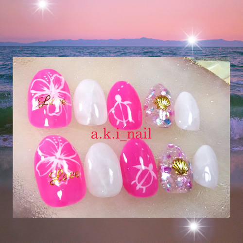 No351/ジェルネイルチップ☆付け爪～ハイビスカス×ホヌ☆夏ネイル