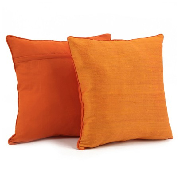 フェアトレード 絹 光沢 シルククッションカバー（オレンジ