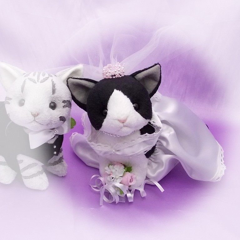 ウェディングキャット新婦・白黒ハチワレ / ウェルカムキャット / 猫のウェルカムドール  【受注製作】