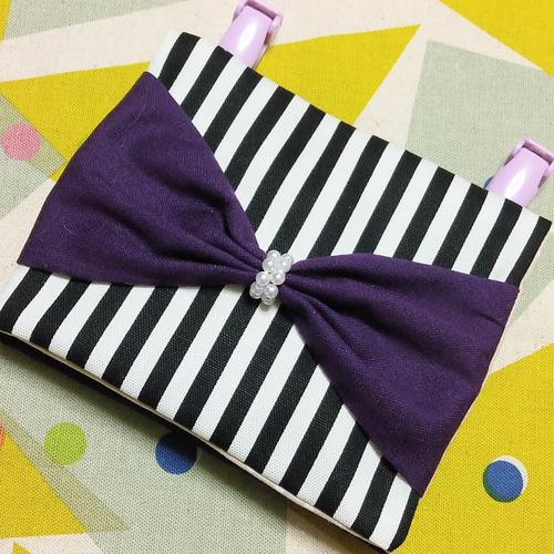 ハンドメイド移動ポケット 紫リボン＆黒ストライプ 雑貨・その他  