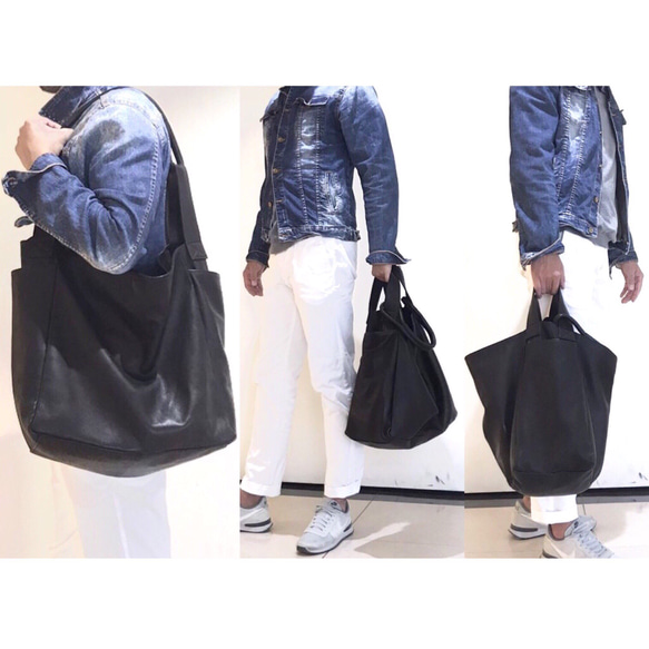 Ｌサイズ。大容量で軽量！馬革ワンショルダー肩掛け2wayトートバッグ ／レスデザイン-Less Less シワ よろしくお願いいたします