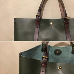 「グリーン」のA4楽々牛革トートバッグ。シンプルに男女兼用。 4枚目の画像