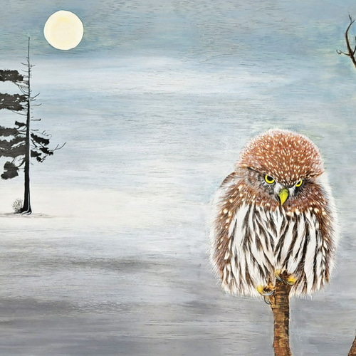 フクロウの夜のアクリル絵の具焦げた絵オリジナルの吊り絵 絵画 YNPW 