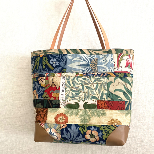 handmadeウィリアムモリスパッチワークスカートfree X 英国ウィリアムモリス パッチワークバッグ④ トートバッグ 小鳥と