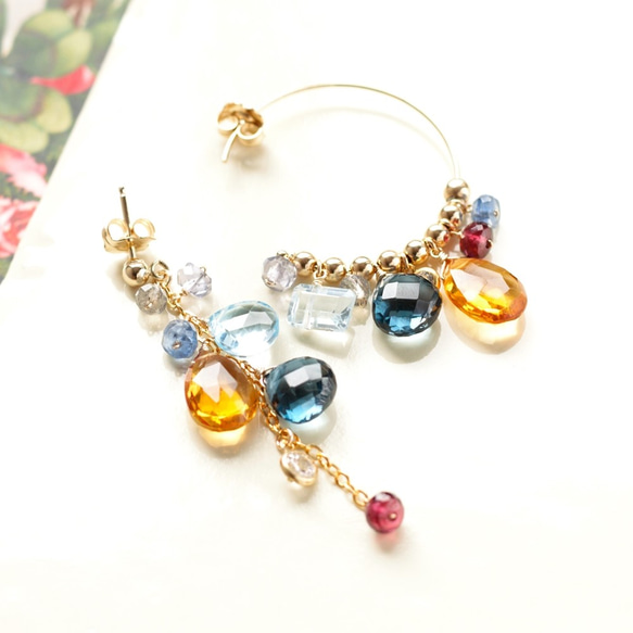 Navy Mustard ☆ Brandy Citrine and London Blue Topaz 不對稱圈形耳環（耳環不可 第1張的照片