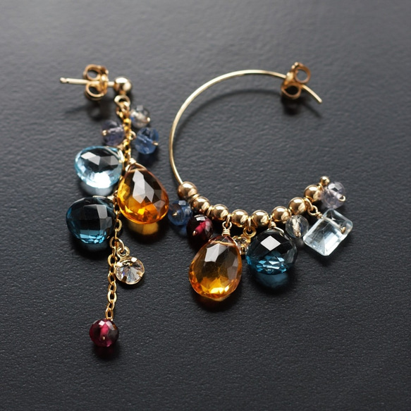 Navy Mustard ☆ Brandy Citrine and London Blue Topaz 不對稱圈形耳環（耳環不可 第9張的照片