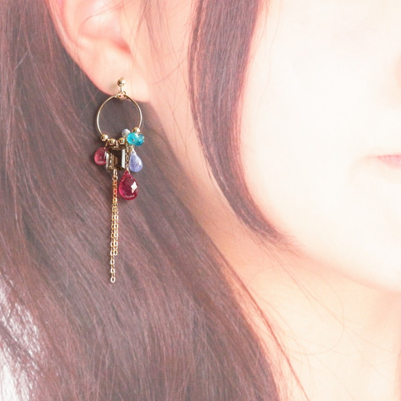 圓形穿孔耳環，帶有漂亮的紅寶石和煙晶+粉紅色尖晶石（耳環可以更換） 第8張的照片