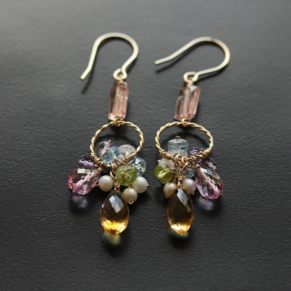 粉紅色帝王托帕石和黃水晶十一月生日石耳環（耳環可更換） 第8張的照片