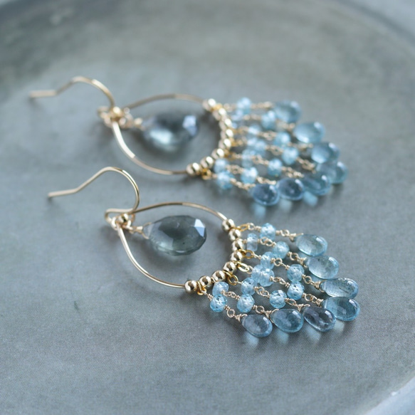 苔蘚海藍寶石和offiki海藍寶石藍灰色吊燈耳環（耳環可換） 第2張的照片