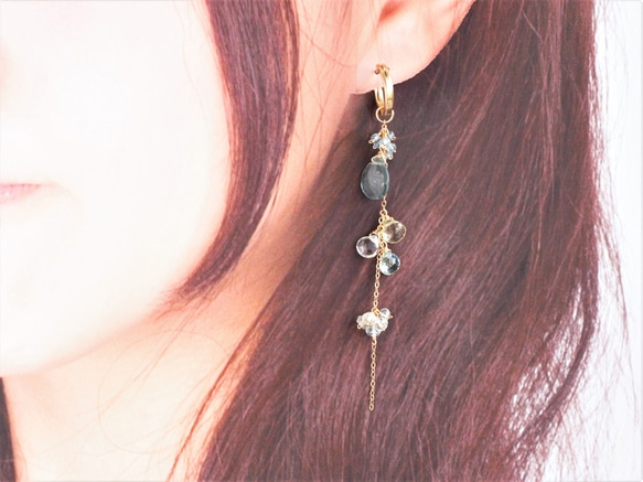 雨花*夢幻色澤・苔綠海藍寶&綠柱石・不對稱耳飾/ pierced earrings or ear-clips 第7張的照片