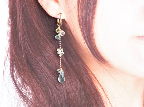 雨花*夢幻色澤・苔綠海藍寶&綠柱石・不對稱耳飾/ pierced earrings or ear-clips 第8張的照片