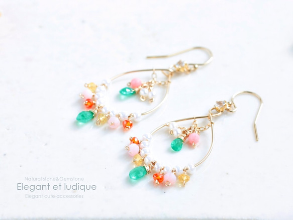 コロンビア産エメラルドの夏色の華やぎシャンデリアピアス/pierced earrings or ear-clips 1枚目の画像