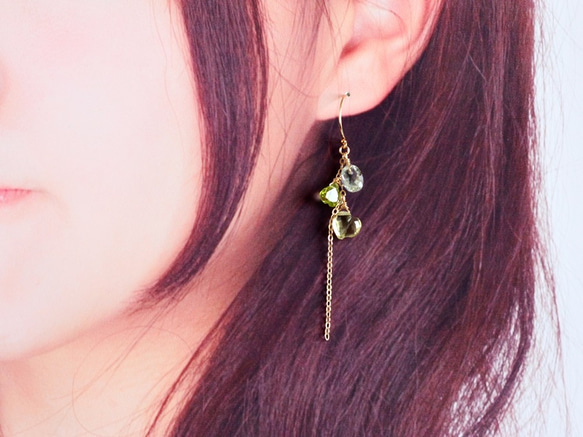 嫩綠漸層*成串心形耳飾／pierced earrings or ear-clips 第4張的照片