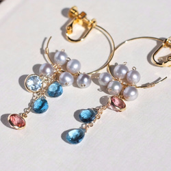 銀灰色珍珠和托帕石圈形耳環（換穿孔） 第2張的照片