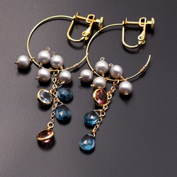 銀灰色珍珠和托帕石圈形耳環（換穿孔） 第6張的照片
