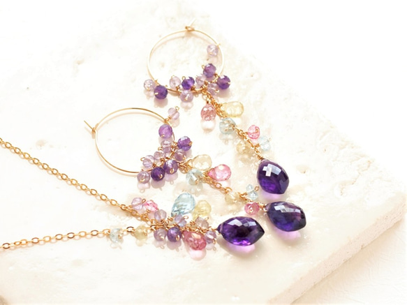 鮮豔的繡球花彩色箍耳環*紫水晶（耳環多變） 第5張的照片