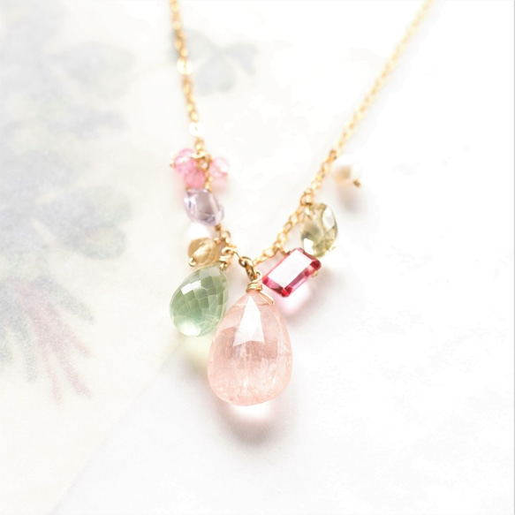 Morganite *項鍊，側面有春天色的天然寶石，約50cm 第1張的照片