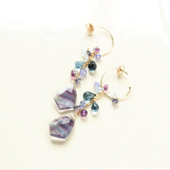 多色流光和倫敦藍色托帕石*繡球花色環形耳環（藍紫色）耳環配件多變 第3張的照片
