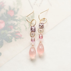 粉紅紫水晶和玫瑰石英☆立方體形天然石材和水滴閃光耳環 第1張的照片