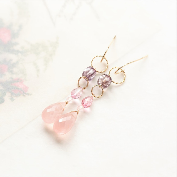 粉紅紫水晶和玫瑰石英☆立方體形天然石材和水滴閃光耳環 第2張的照片