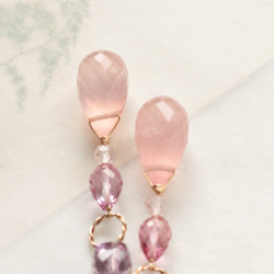粉紅紫水晶和玫瑰石英☆立方體形天然石材和水滴閃光耳環 第4張的照片