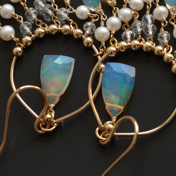 埃塞俄比亞蛋白石和珍珠吊燈耳環（可更換耳環） 第4張的照片