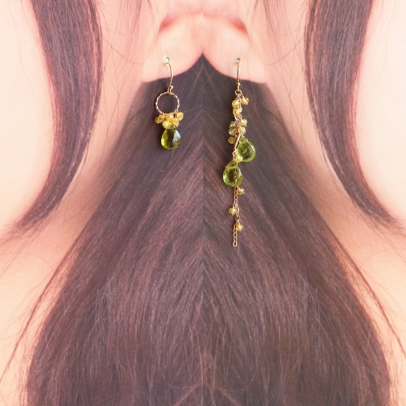含羞草耳環 * 橄欖石和 Songea 藍寶石不對稱耳環 / 耳環 第4張的照片