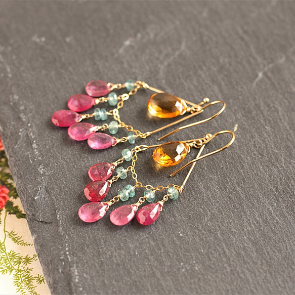 白蘭地黃水晶和粉紅色藍寶石*吊燈耳環2way（耳環可以更換） 第5張的照片