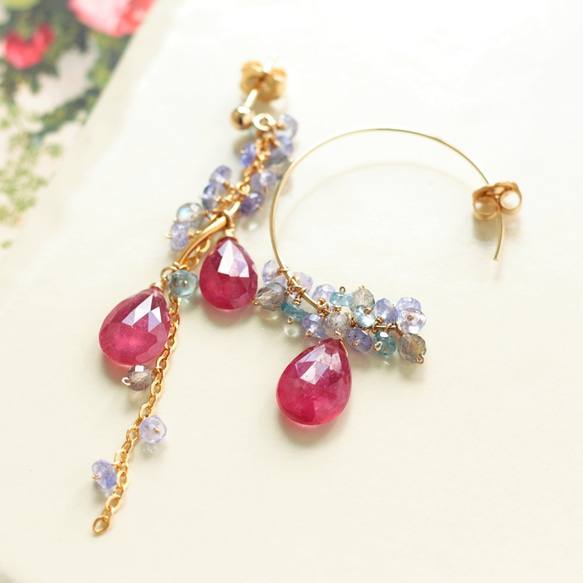 ピンクサファイア”ルビーレッド”アシンメトリーピアス／イヤリング