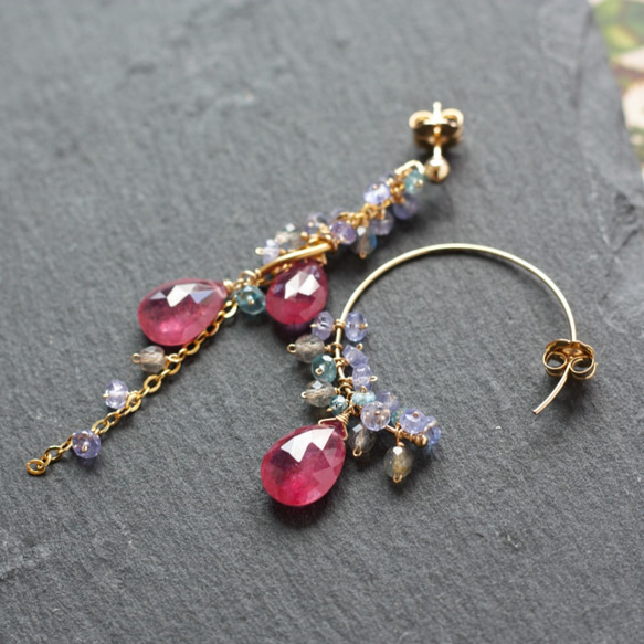 粉色藍寶石“寶石紅”不對稱耳環/耳環 第4張的照片