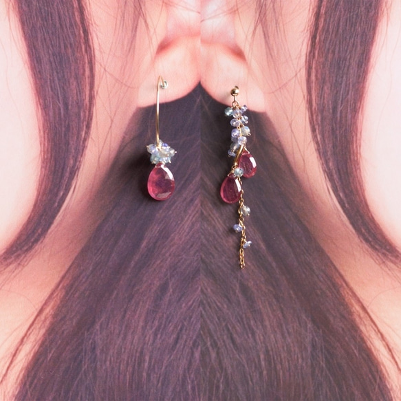 粉色藍寶石“寶石紅”不對稱耳環/耳環 第8張的照片