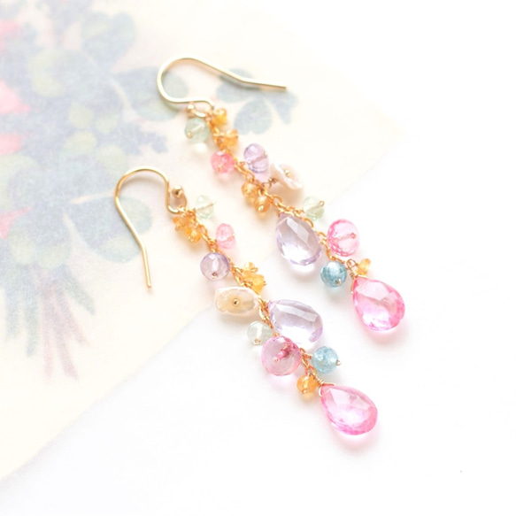 粉色托帕石和粉色紫水晶鉤形耳環“香豌豆花”（耳環可以更改） 第1張的照片