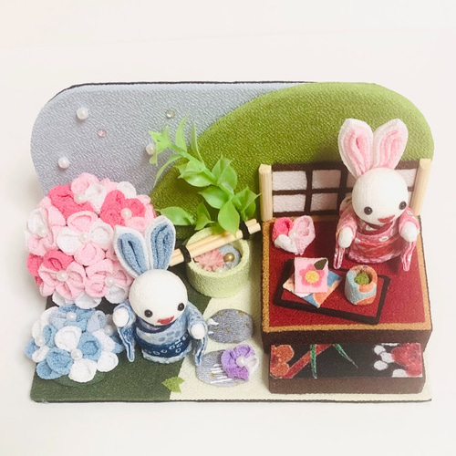 ちりめん細工「お茶会〜紫陽花」うさぎさん その他置物 黒ごま