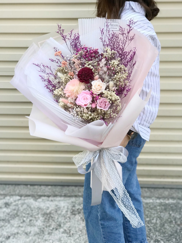 SSL韓式大型乾燥花束-浪漫粉 求婚花束/生日/畢業花束/情人節 第1張的照片