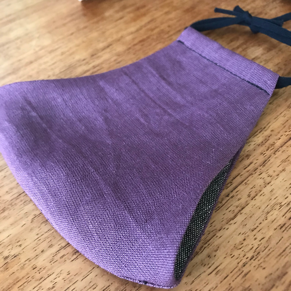 濃紫×茶ベージュ織　リネンマスク　初夏マスク 2枚目の画像