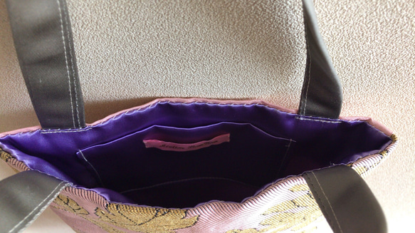 ★秋の福袋★No.2  ピンク×ゴールド織花柄 ミニトートバッグ+ブローチ セット 4枚目の画像