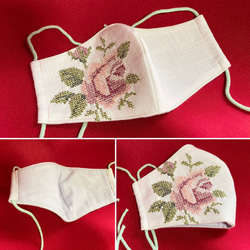 刺繍レースマスク〉華やかピンク×ネイビー 立体刺繍♡抗菌加工 布