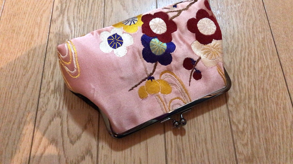 がまぐち・角型 大　桃色繻子帯地 花柄