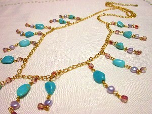 ぽっちゃりさんに　ヨーロッパアンティーク　ターコイズ＆ブルーパールネックレス