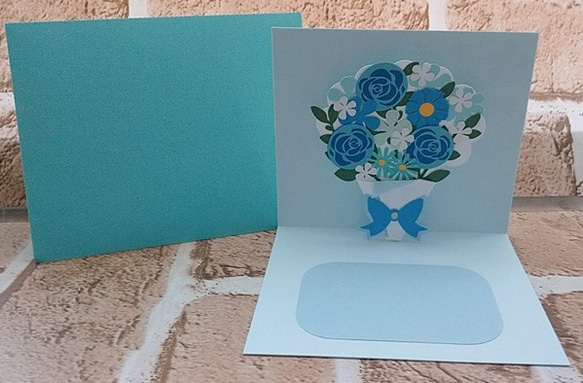 青いブーケのメッセージカード（ポップアップ） 2枚目の画像