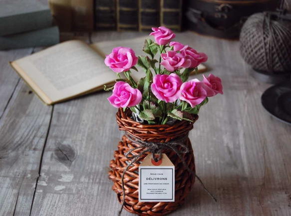◆粘土のお花◆　薔薇・・・ピンク　高さ約25センチ　B574 7枚目の画像