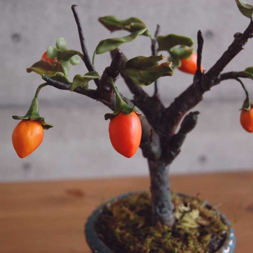 ◇粘土のお花◇ 柿盆栽【ロウヤガキ（老爺柿）】・・・高さ23センチ