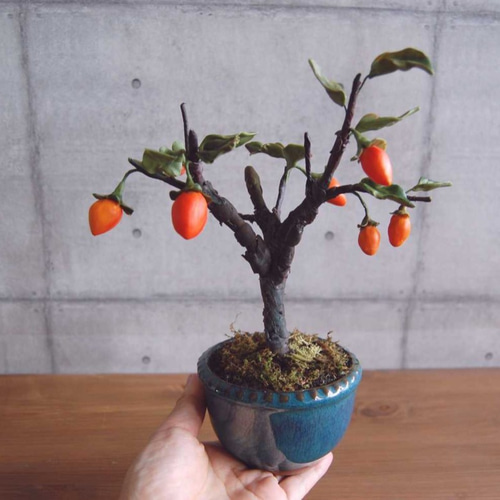 ◇粘土のお花◇ 柿盆栽【ロウヤガキ（老爺柿）】・・・高さ23センチ