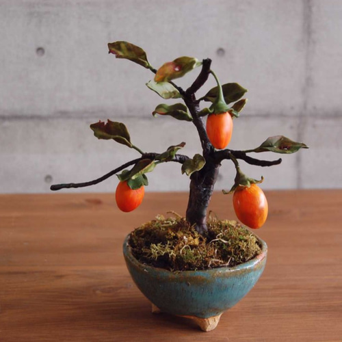 ◇粘土のお花◇ 柿盆栽【ロウヤガキ（老爺柿）】・・・高さ17センチ