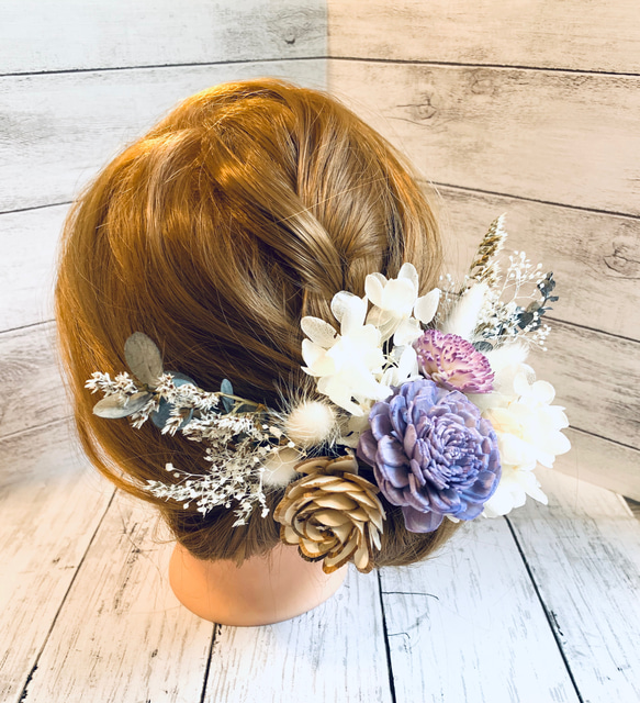 卒業式　結婚式　成人式プリザーブドフラワー・ドライフラワーの髪飾り#purple 7点セット 2枚目の画像