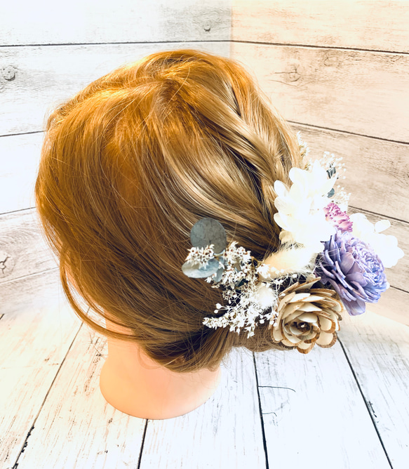 卒業式　結婚式　成人式プリザーブドフラワー・ドライフラワーの髪飾り#purple 7点セット 3枚目の画像